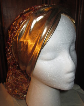 Gold Lame Snood with Twist Headband and Brown/Gold Overlay