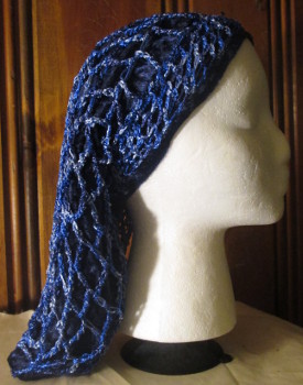 Shades of Blue Crocheted Overlay with Knitted Headband over Navy Velour Snood